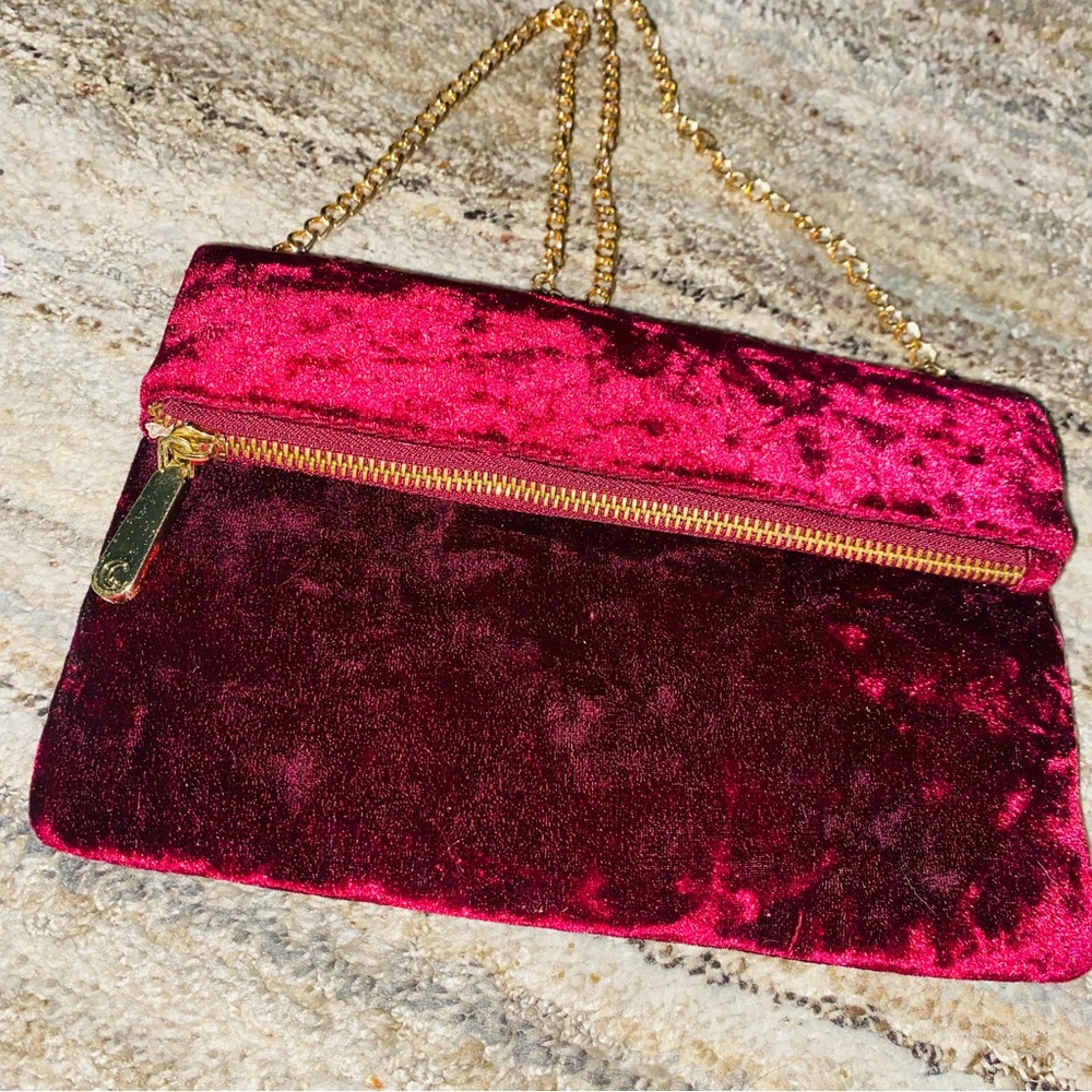 Chelsea28 Velvet Fold-Over Clutch in Rich Burgundy with Gold Chain